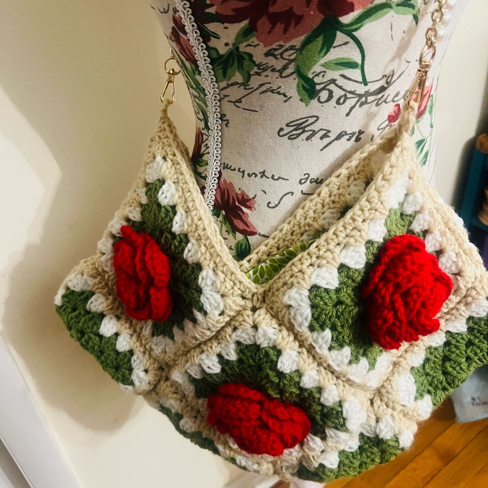 SOLD *Handcrafted Crochet Floral Bag - Red and Green